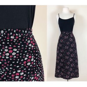 vintage 90s criss cross textured corduroy skirt black ditsy floral a line midi